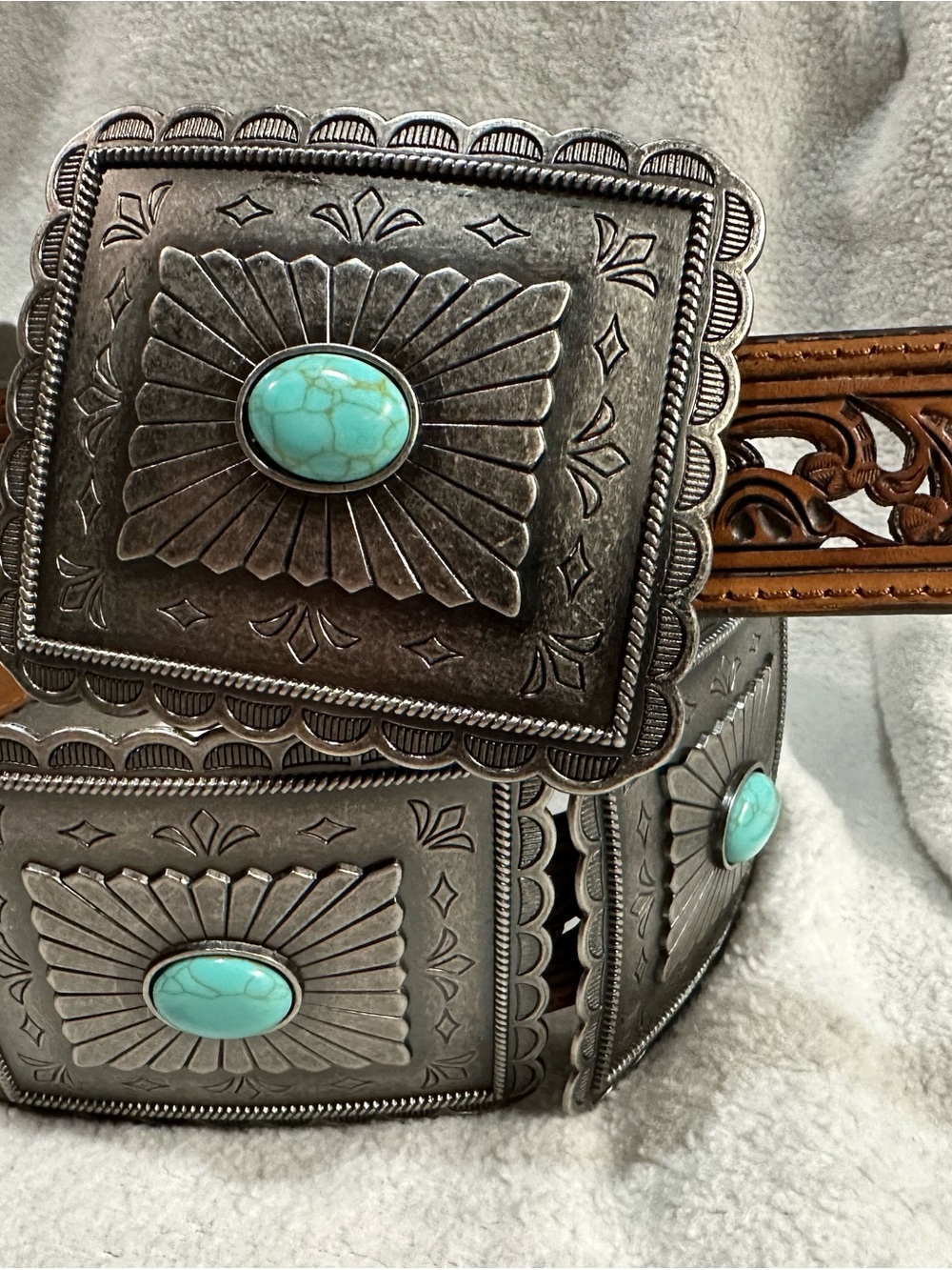 Turquoise Accent Concho Belt - Silver-Tone with Turquoise Stones